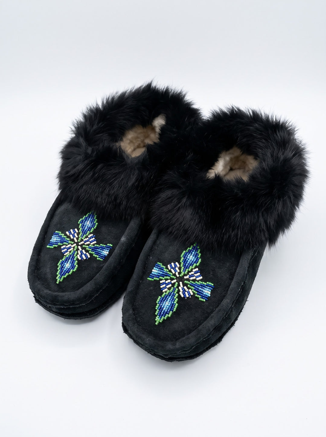 Black Moccasins with Beadwork (Size 8)