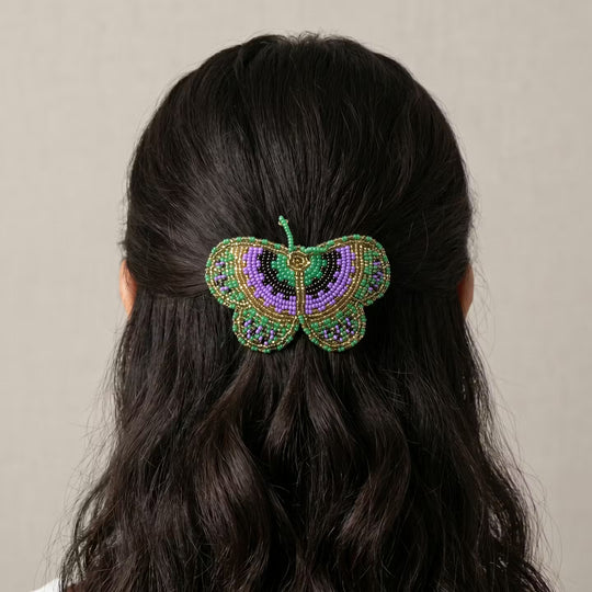 Green Butterfly Beaded Barrette