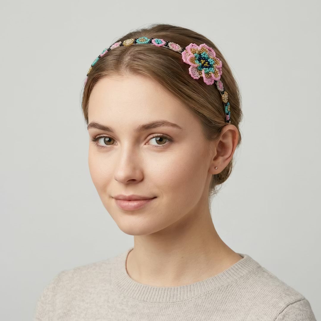 Beaded Headband with Flower Pink