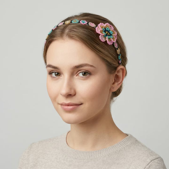 Beaded Headband with Flower Pink