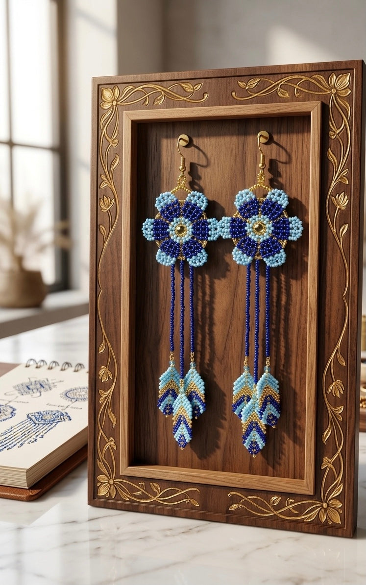 Sun Feather Bloom Beaded Earrings Celeste/gold/blue