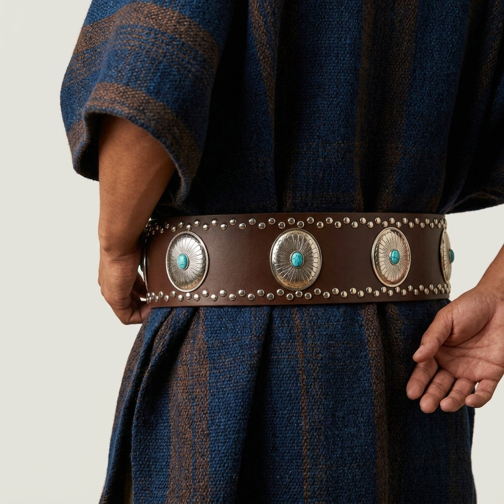 Western Concho Studded Belt (Brown-Turquoise)