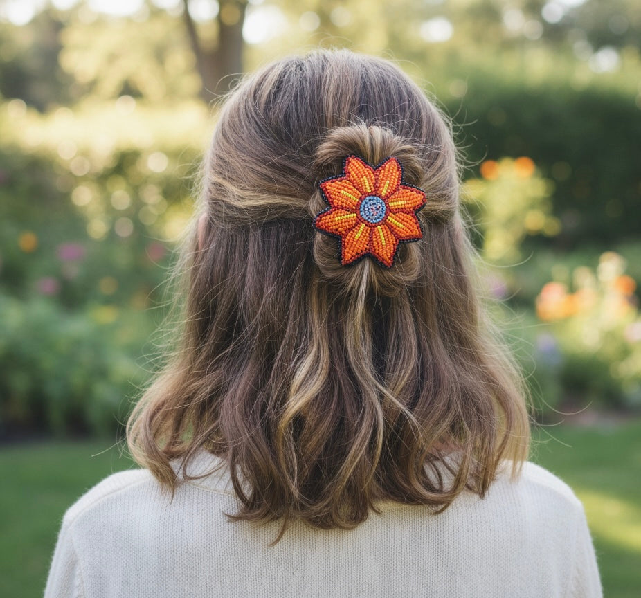 Orange Beaded Flower Barrette