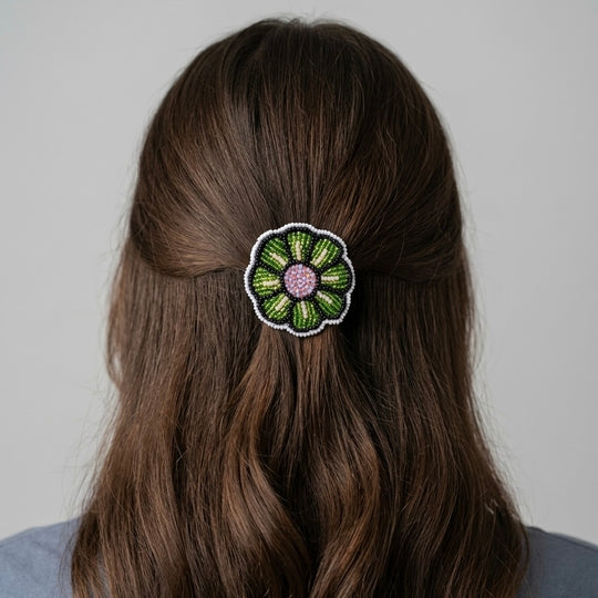 White Beaded Flower Barrette