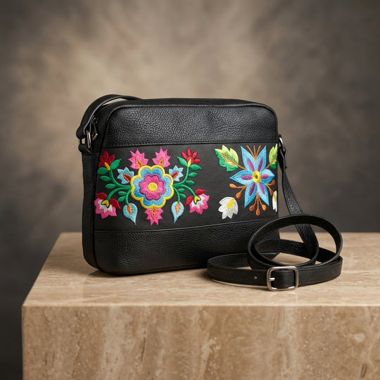 Flower Embroidered Leather Crossbody Bag