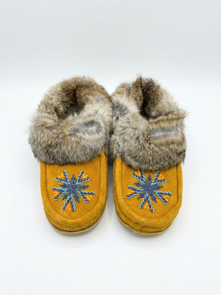 Yellow Moccasins with Beadwork (Size 7)