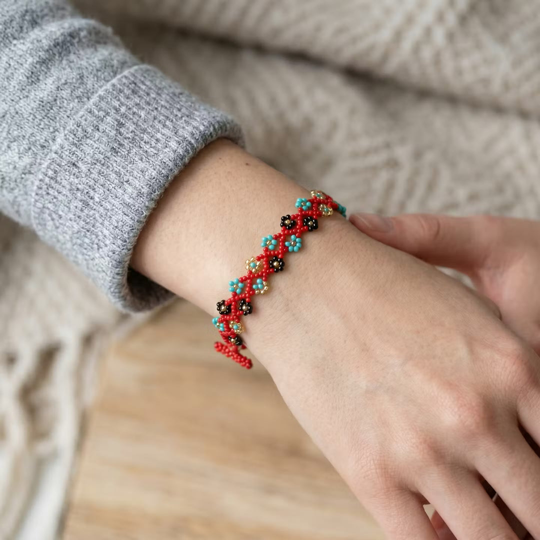 Handcrafted Floral Bracelet Red