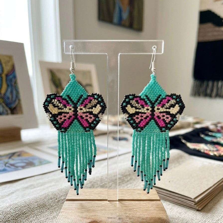 Turquoise and Pink Beaded Dancing Wing Earrings