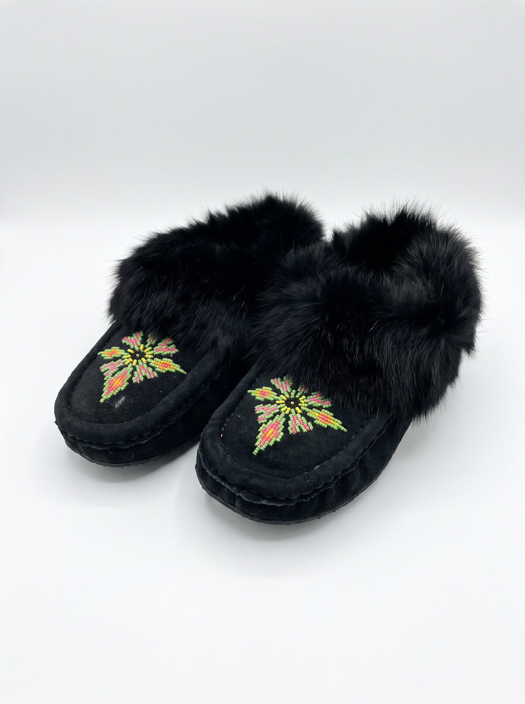 Black Moccasins with Beadwork (Size 7)