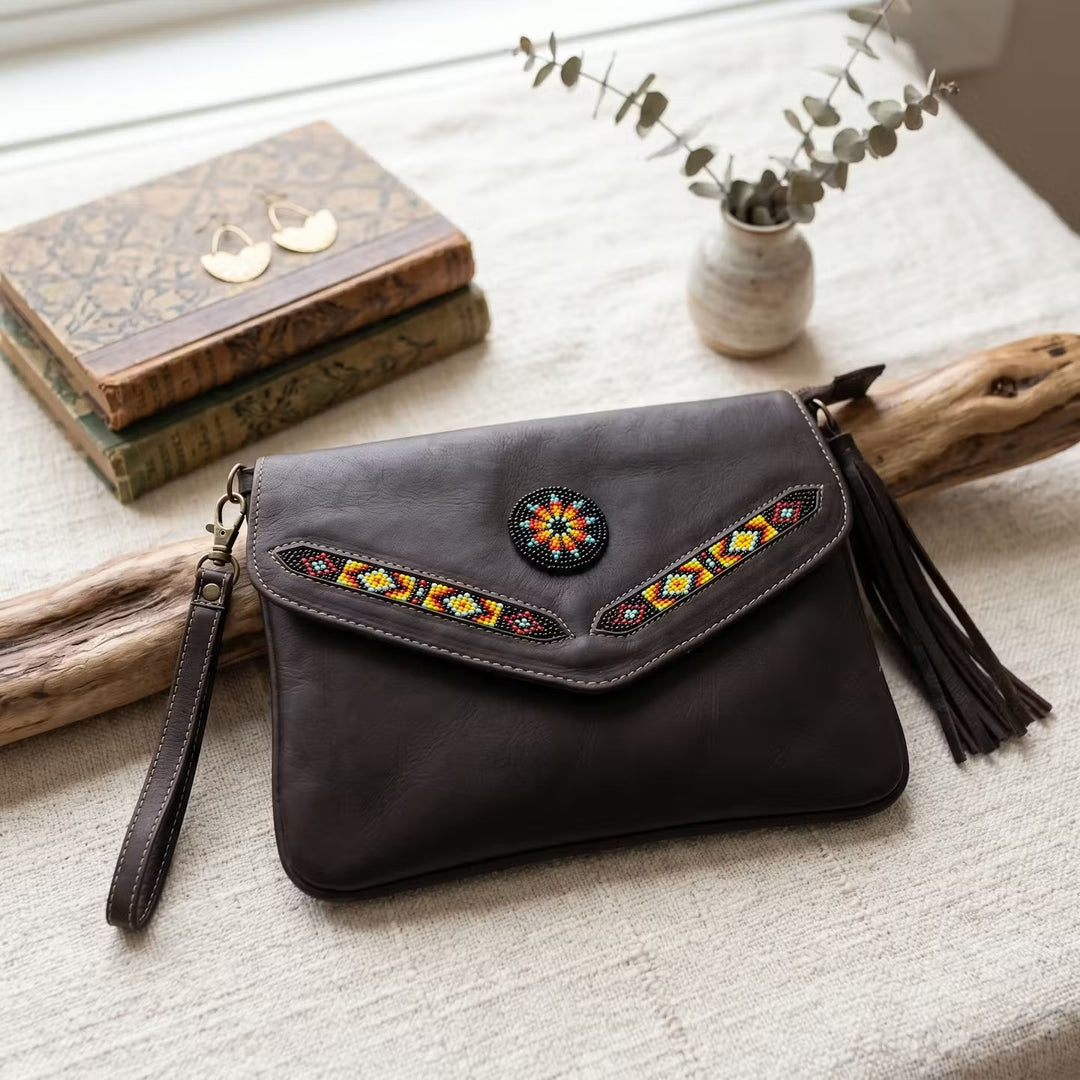Leather beaded Crossbody bag(Chocolate Brown)