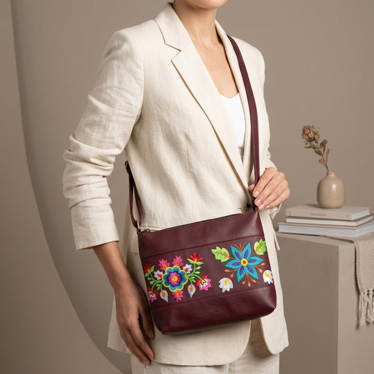 Flower Embroidered Leather Crossbody Bag