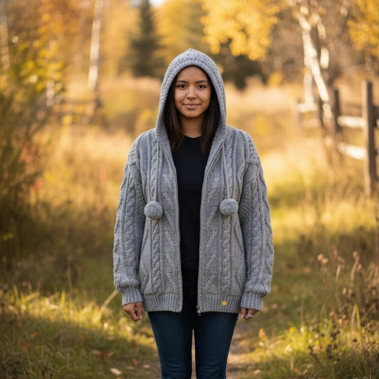 Veste grise en laine de lama tricotée à la main