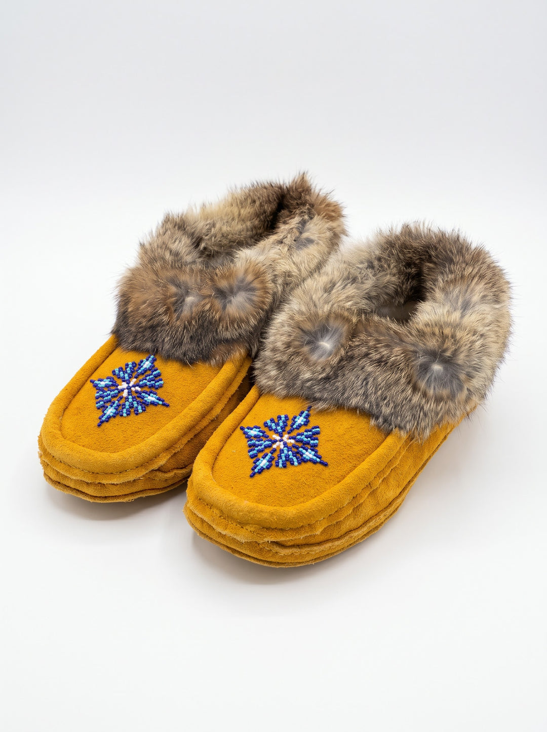 Yellow Moccasins with Beadwork (Size 8)
