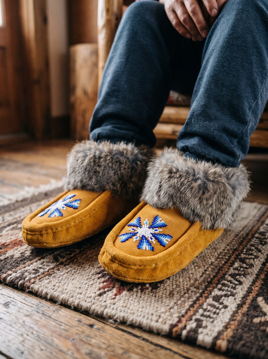 Yellow Moccasins with Beadwork (Size 8)