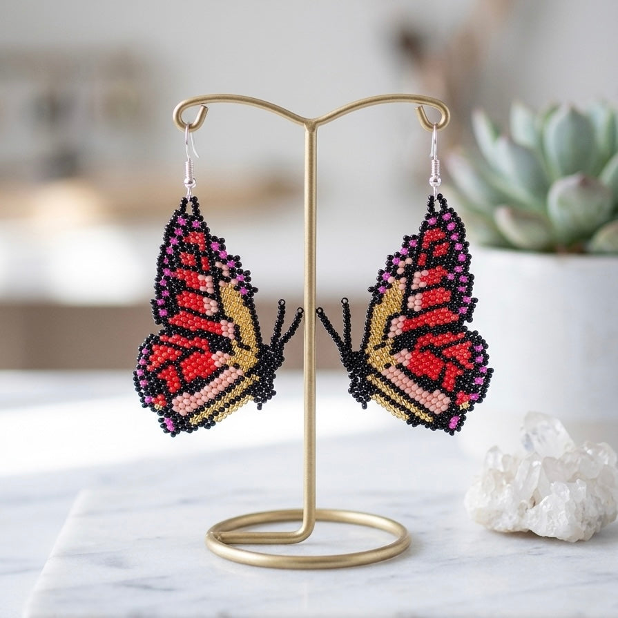 Pink Beaded Butterfly Wing Earrings