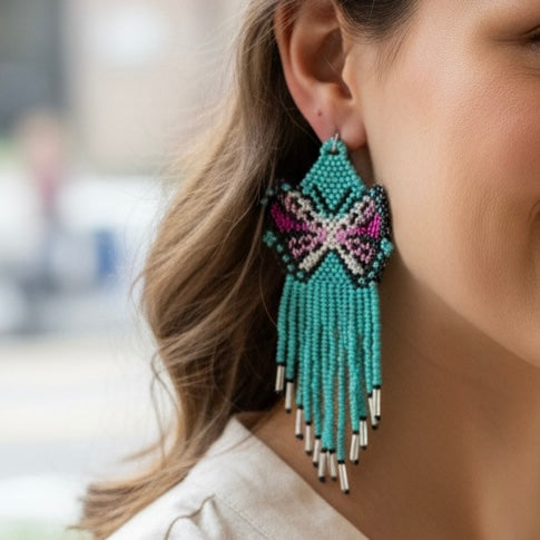 Turquoise and Pink Beaded Dancing Wing Earrings