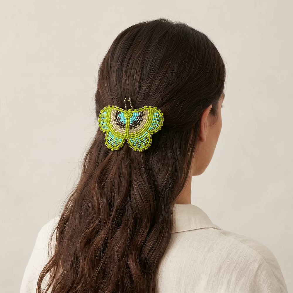 Green Butterfly Beaded Barrette