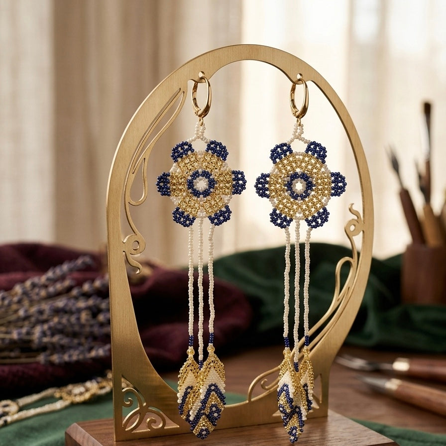 Sun Feather Bloom Beaded Earrings- Gold/white