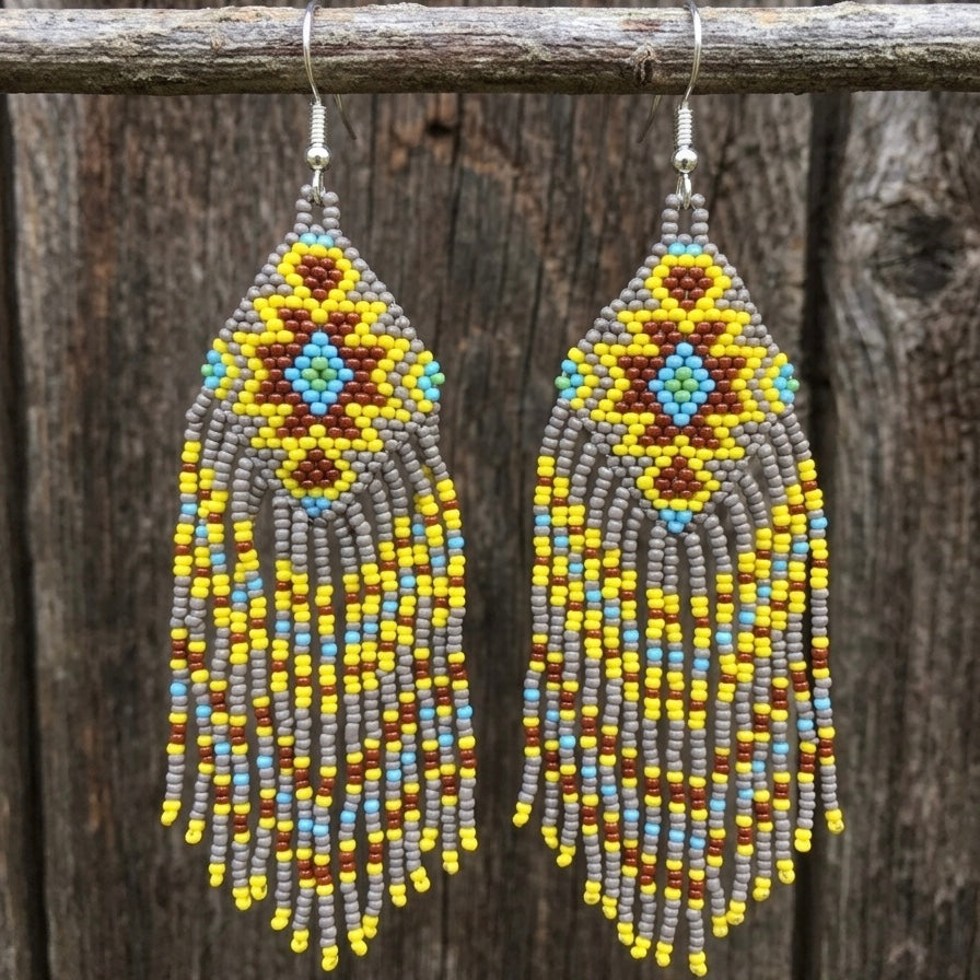 Fringe Bead Drop Earrings (Grey)