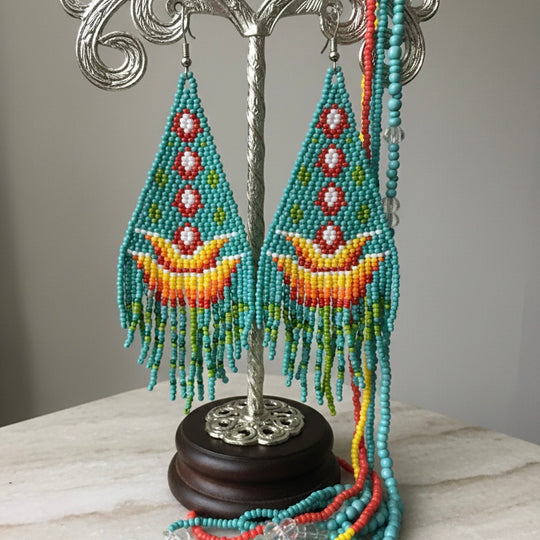 Turquoise/red Flame Blossom Drop Earrings
