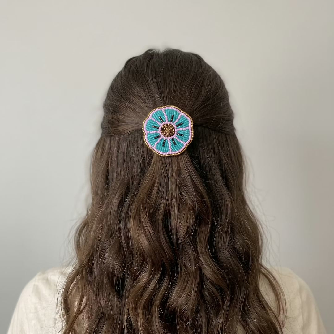 Turquoise Beaded Flower Barrette