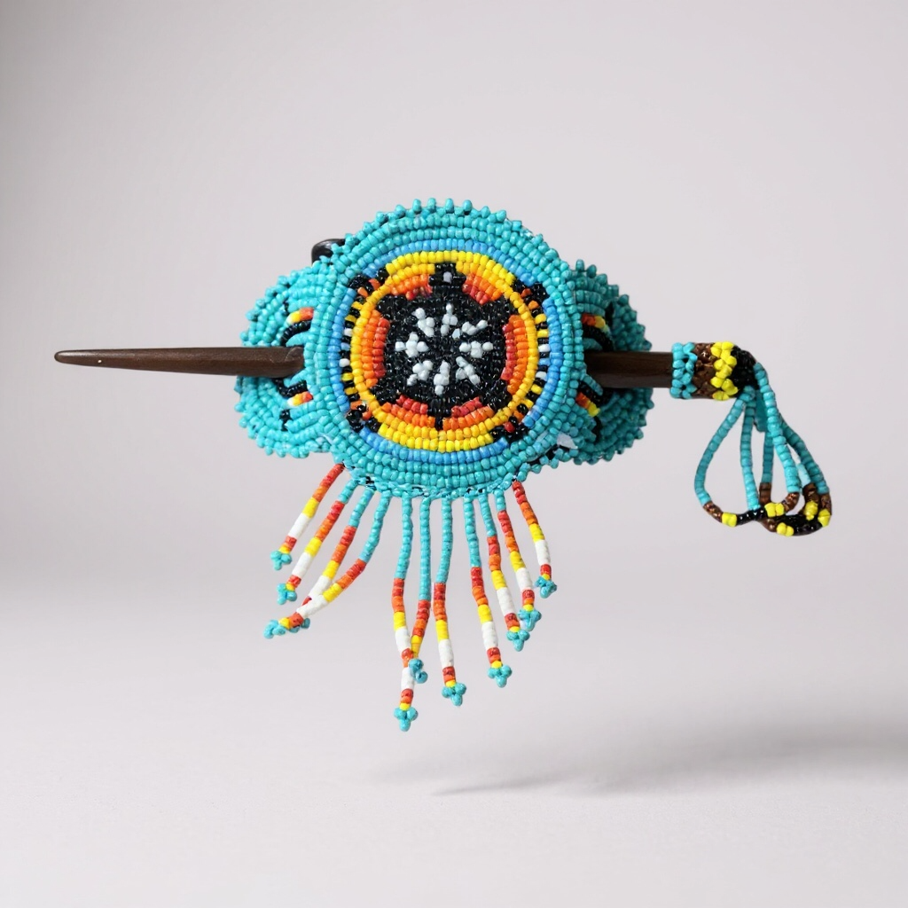 Fringed Beaded Barrette & Wooden Stick Turtle