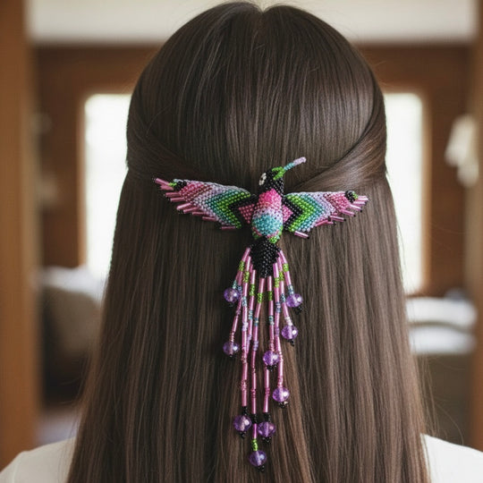 Black pink and green Hummingbird Barrette with Fringes