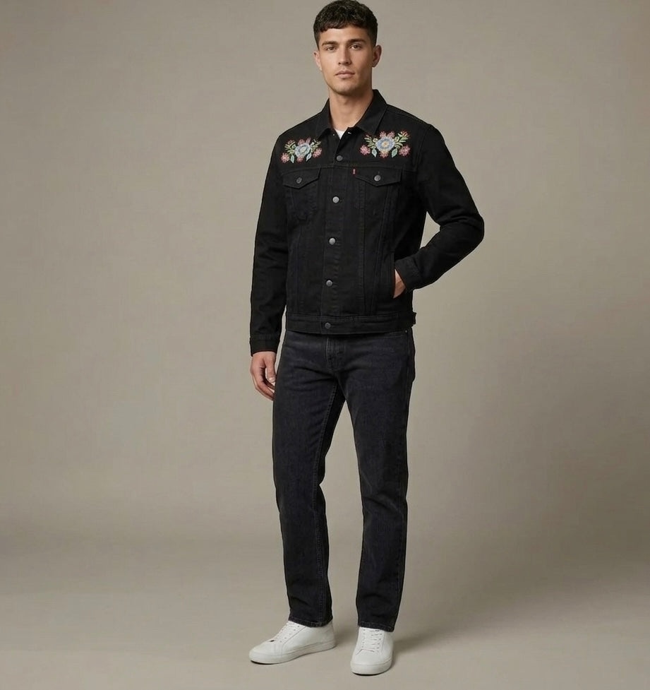Flower Embroidery Black Denim Jackets