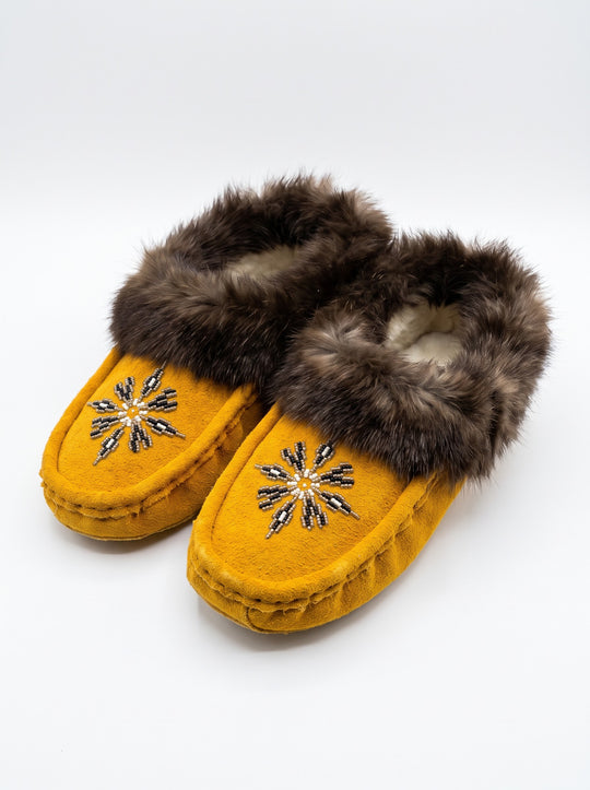 Yellow Moccasins with Beadwork (Size 10)