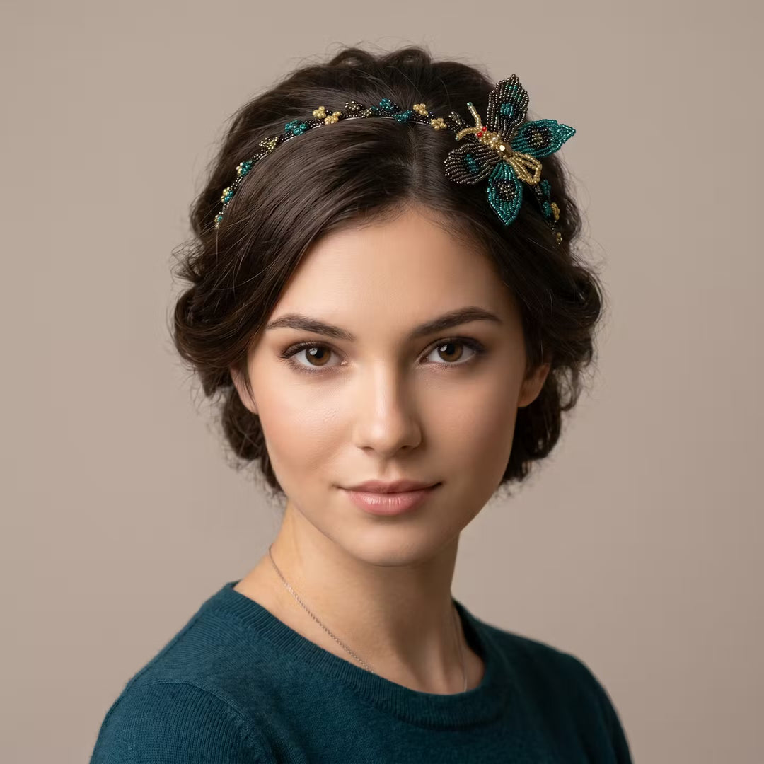 Beaded Headband with Butterfly Turquoise
