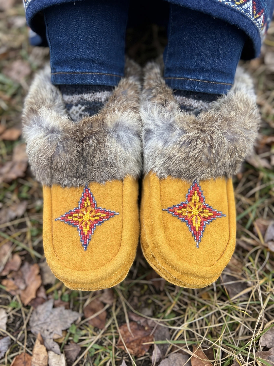 Yellow Moccasins with Beadwork (Size 8)