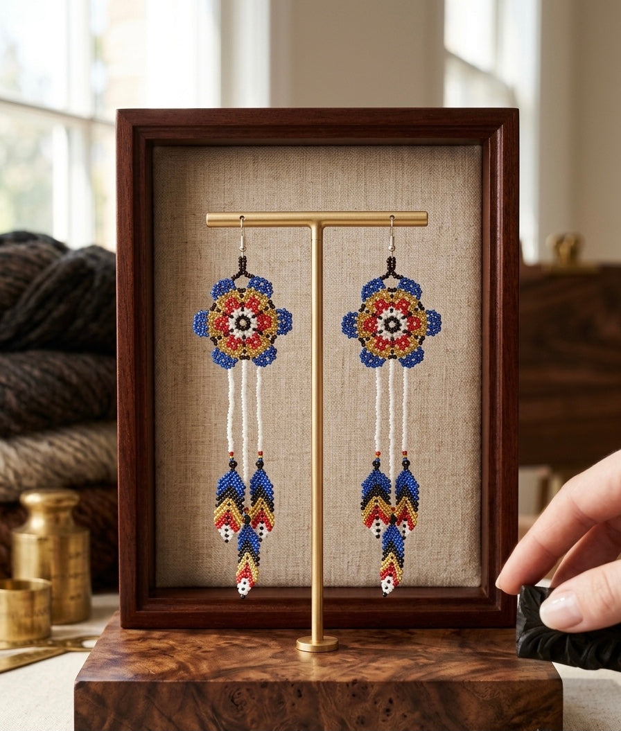 Sun Feather Bloom Beaded Earrings- red/gold/white