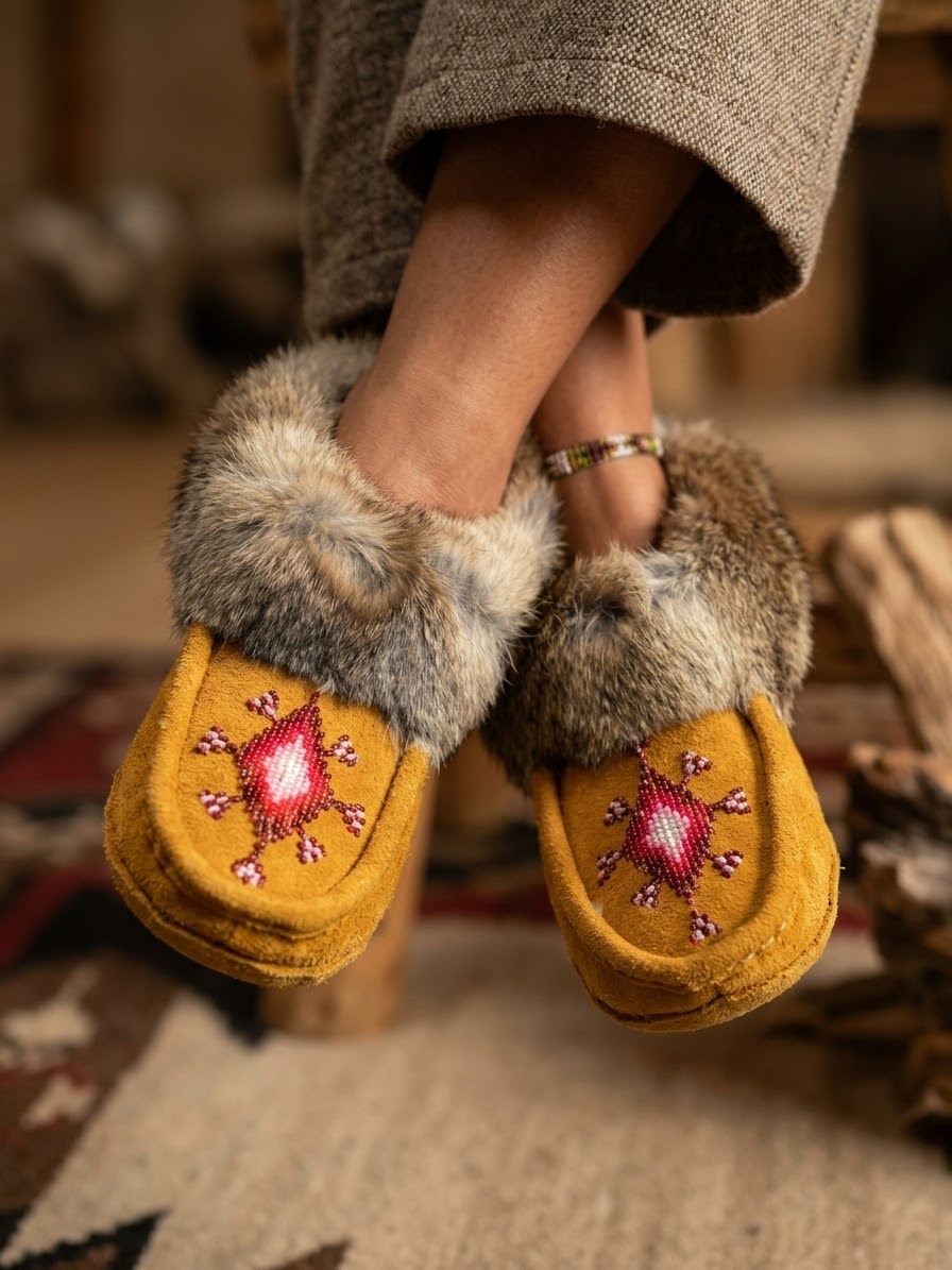 Yellow Moccasins with Beadwork (Size 7)