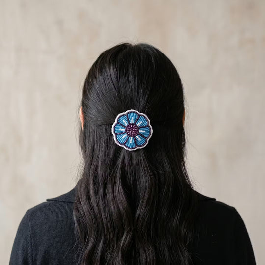 Blue Beaded Flower Barrette