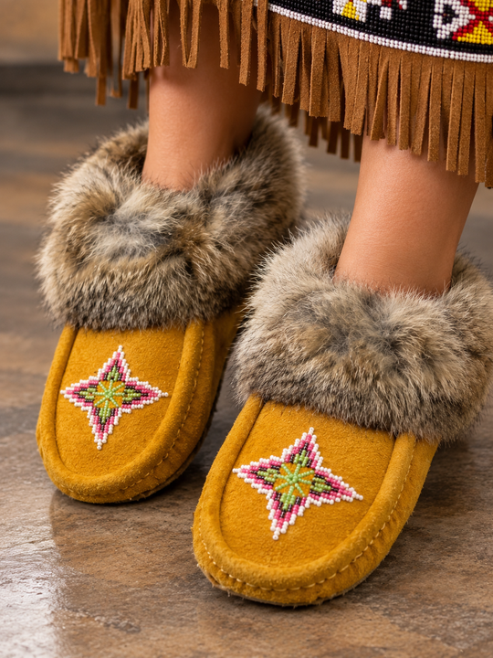 Yellow Moccasins with Beadwork (Size 7)