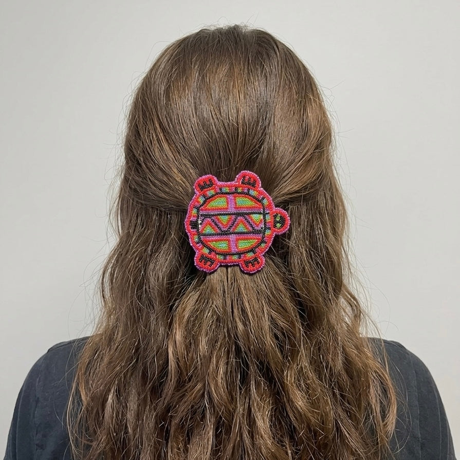 Beaded turtle Barrette Red accent