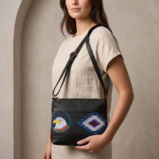 Eagle Embroidered Leather Crossbody Bag