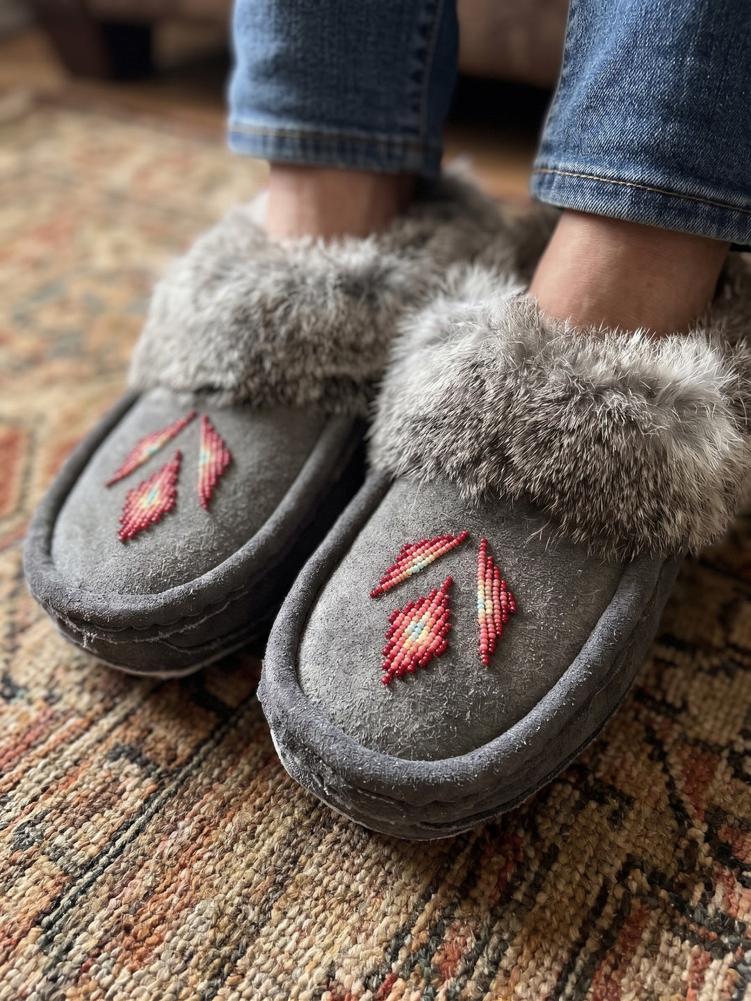 Grey Moccasins with Beadwork (Size 8)