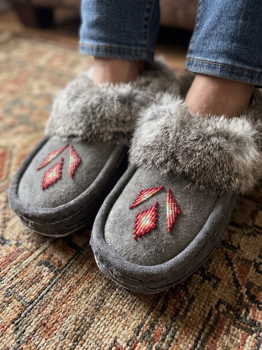 Grey Moccasins with Beadwork (Size 8)