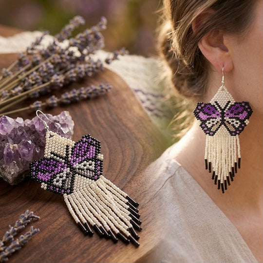 White Beaded Dancing Wing Earrings
