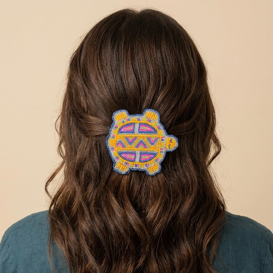Beaded turtle Barrette Yellow accent
