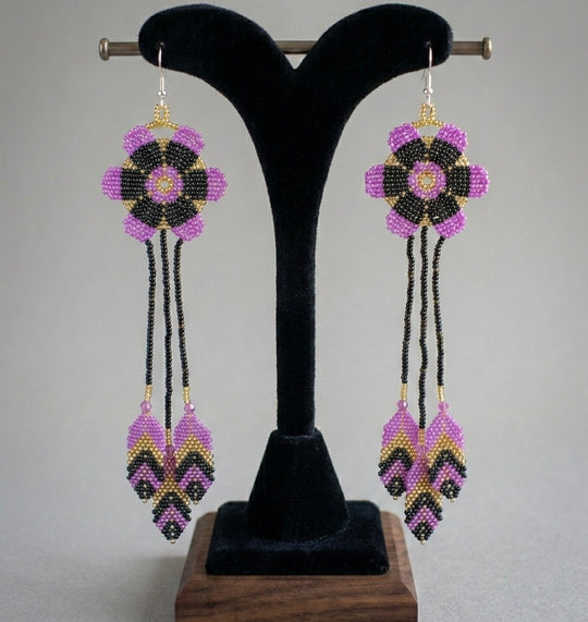 Sun Feather Bloom Beaded Earrings- Pink & Brown