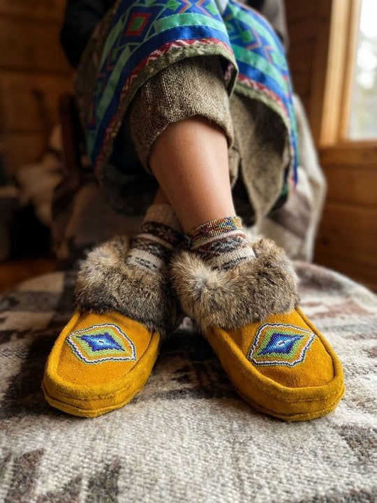 Yellow Moccasins with Beadwork (Size 7)