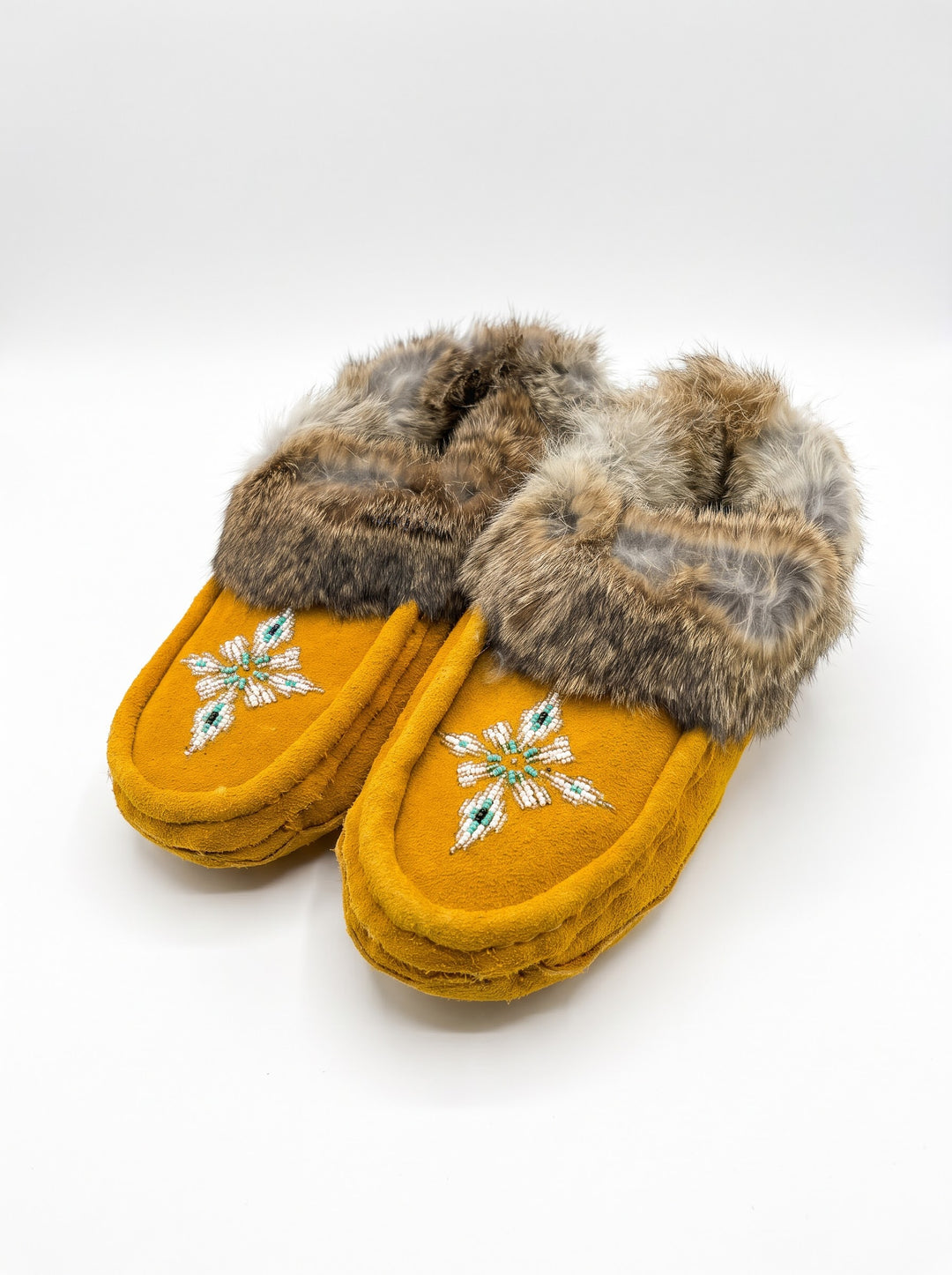 Yellow Moccasins with Beadwork (Size 8)