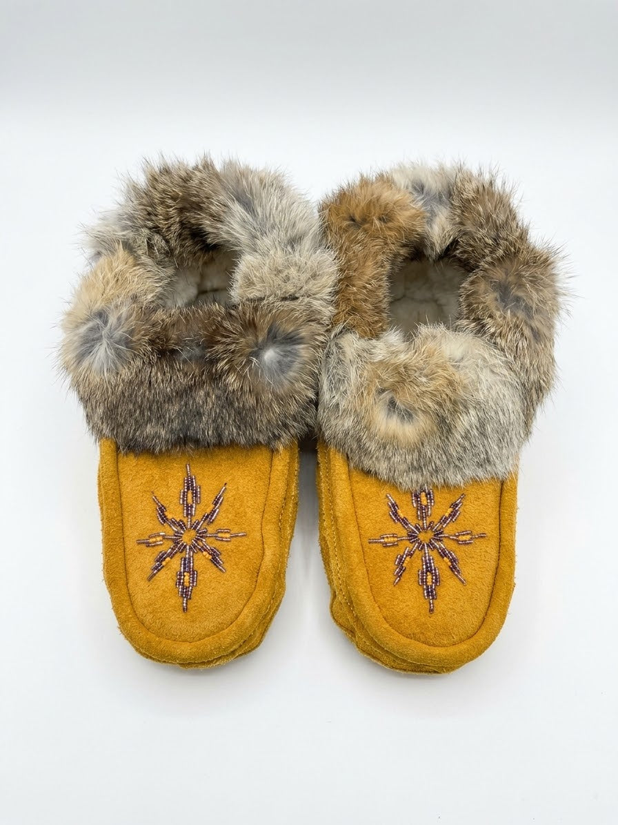 Yellow Moccasins with Beadwork (Size 7)