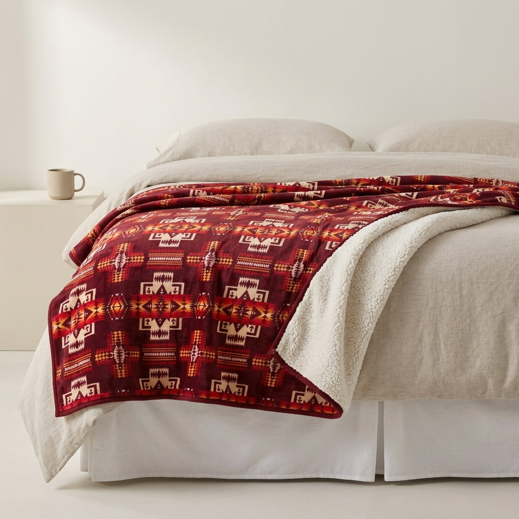 Southwestern Style Sherpa-Lined Queen Blanket(Red)