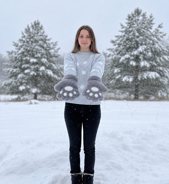 Grey Soft Plush Bear Paw Gloves