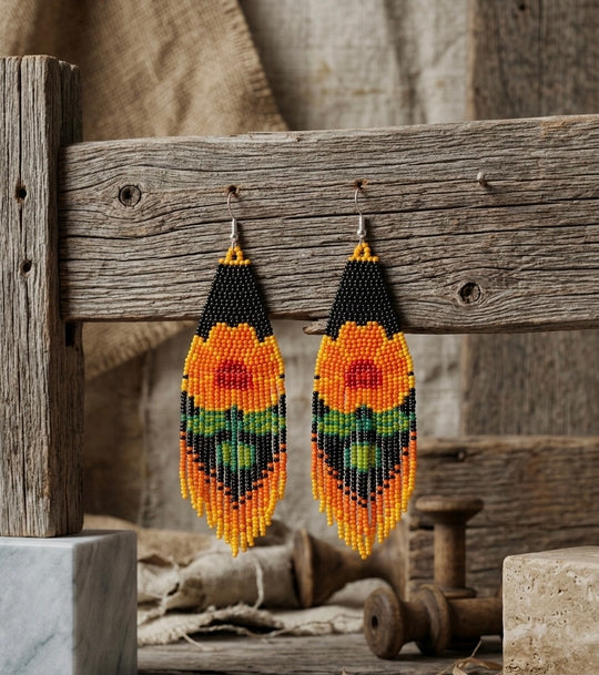 Flower Beaded Earrings ( Orange )
