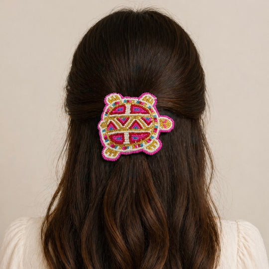 Beaded turtle Barrette pink accent