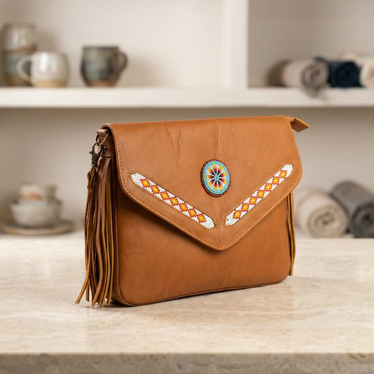 Leather beaded Crossbody bag(Brown)